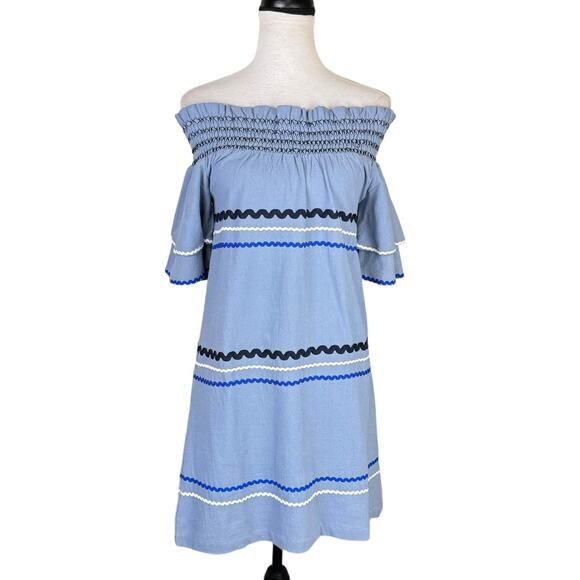 Mud Pie NWT Finnigan Blue Smocked Off the Shoulder Ric Rac MIni Dress Coastal - Picture 2 of 11